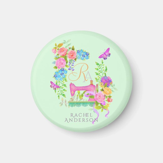 Imán Cadena de claves verde de monograma floral de cint (Frente)