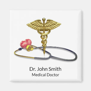 Imán Caduceo Médico de Oro y Estetoscopio con Corazón