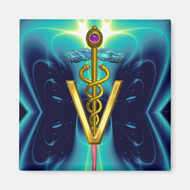 Imán CADUCEUS GOLDEN VETERINARIO SÍMBOLO azul turquesa (Frente)