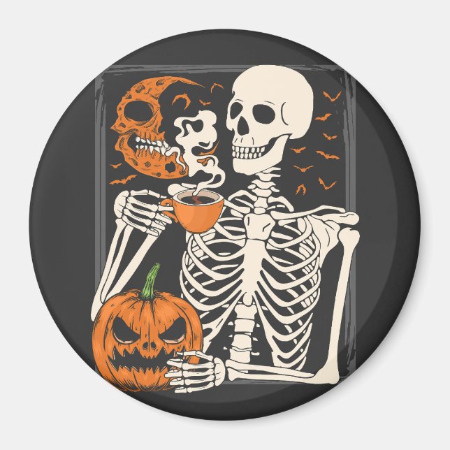 Imán Café Skeleton Drinking Coffee Lover Halloween Skul (Frente)
