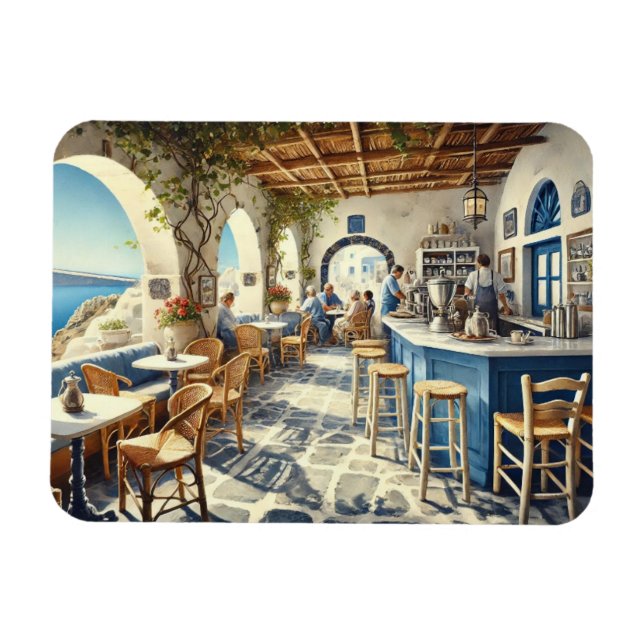 Imán Cafetería al aire libre en Santorini (Horizontal)
