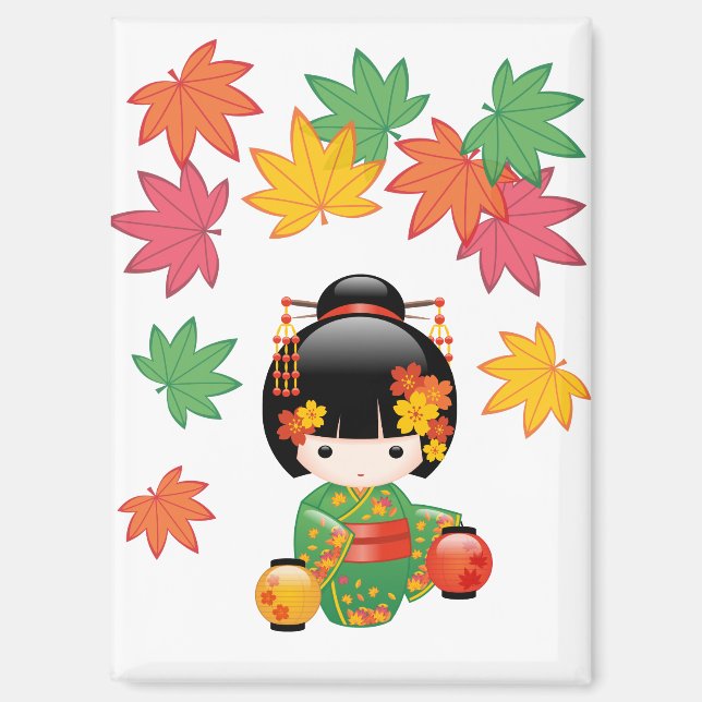 Imán Caída de la muñeca Kokeshi Verde Kimono Geisha Chi (Anverso)