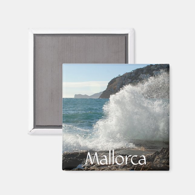 Imán Caída del surf en las rocas, Mallorca, España (Anverso/Reverso)