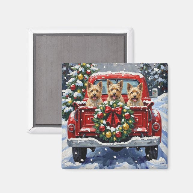 Imán Cairn Terrier Navidad Camión Rojo Fiesta (Anverso/Reverso)