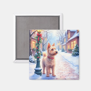 Imán Cairn Terrier Poste de Luces Festivo Pueblo Navida