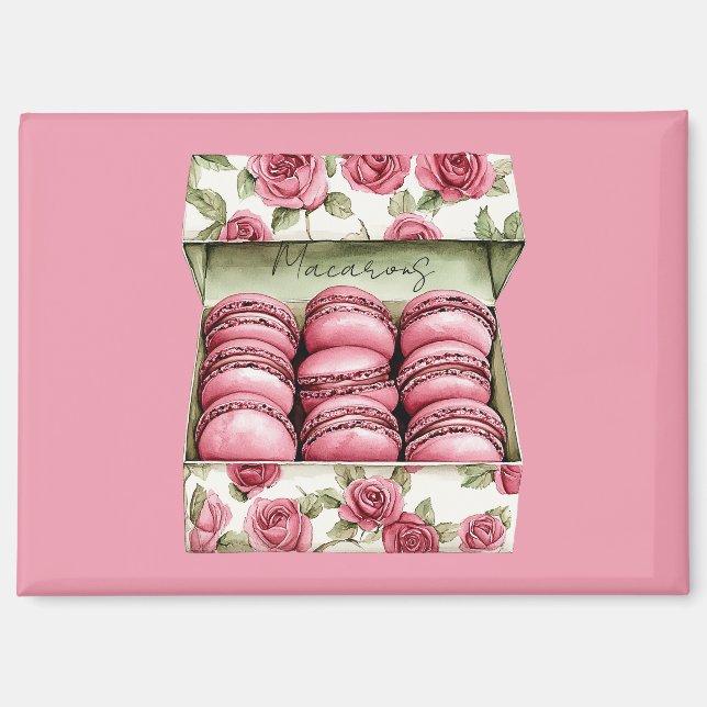 Imán Caja de Macarons de Rosas Rosadas Bonitas (Anverso)