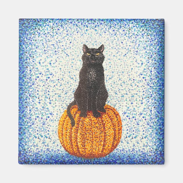 Imán Calabaza de gato negro Pointillismo Halloween (Frente)