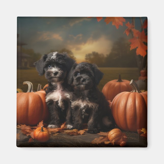 Imán Calabaza de luz de otoño de yorkipoo cachorro (Frente)