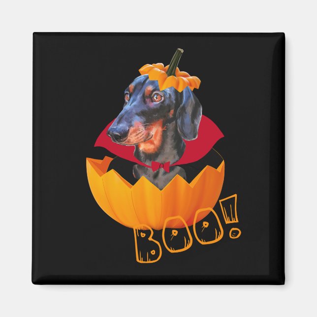 Imán Calabaza de perro de salchicha de Halloween (Frente)