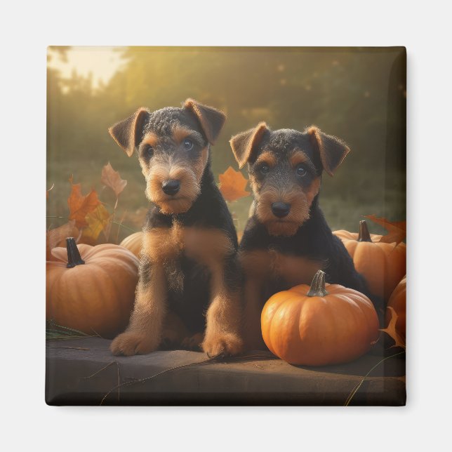 Imán Calabaza deslumbrante Airedale Puppy Autumn (Frente)