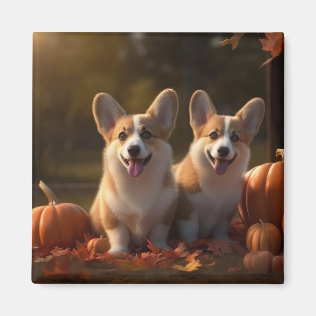 Imán Calabaza deslumbrante Corgi Puppy Autumn (Frente)