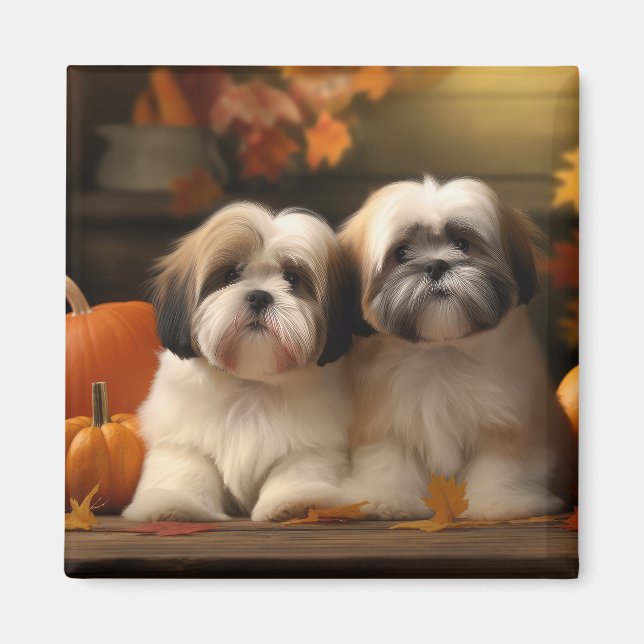 Imán Calabaza deslumbrante Lhasa Apso Puppy Autumn (Frente)