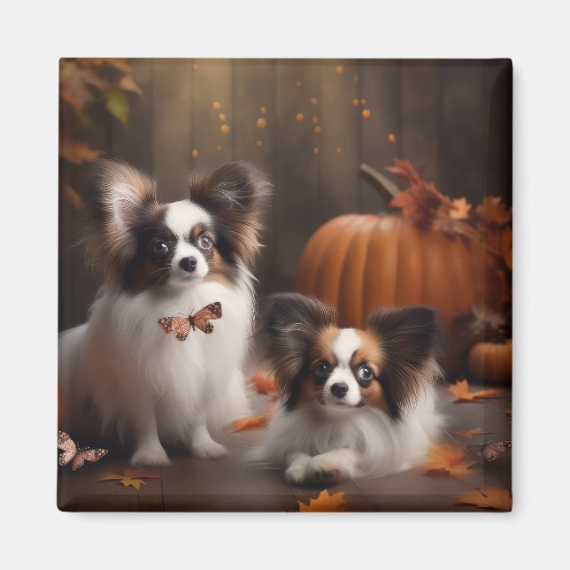 Imán Calabaza deslumbrante Papillon Puppy Autumn (Frente)