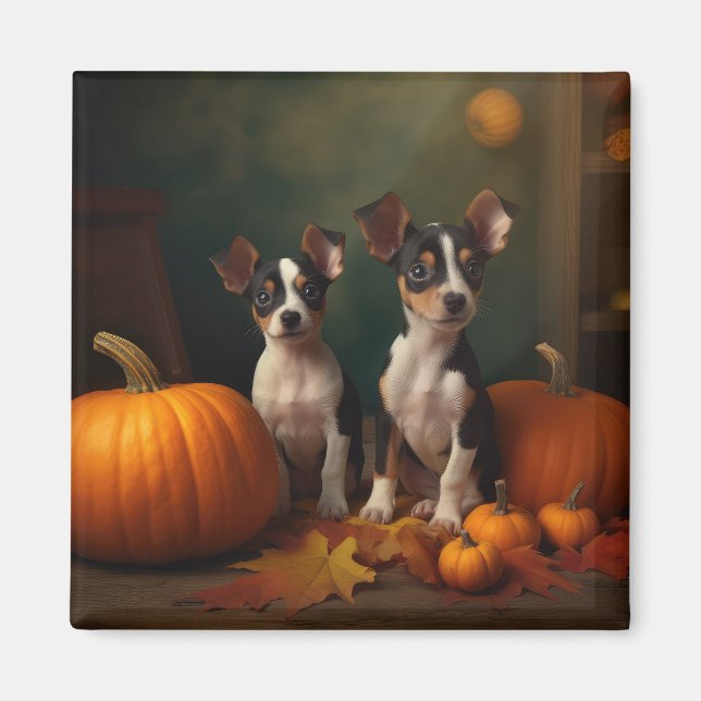 Imán Calabaza deslumbrante Rat Terrier Puppy Autumn (Frente)