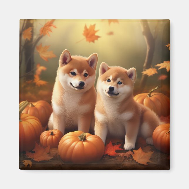Imán Calabaza deslumbrante Shiba Inu Puppy Otoño (Frente)