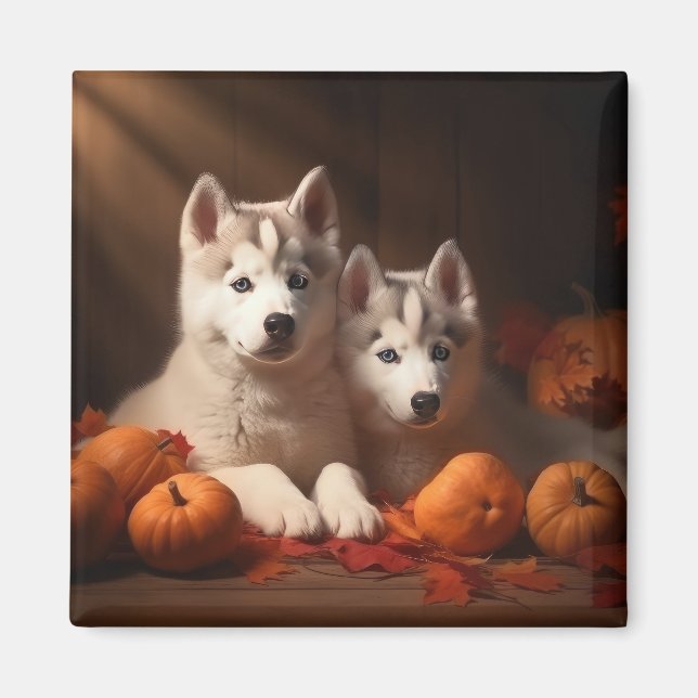 Imán Calabaza deslumbrante siberiana Husky Puppy otoño (Frente)