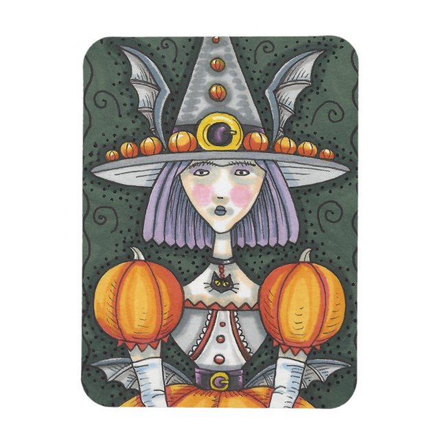 Imán Calabaza gótica Bruja Halloween Folk Art Magnet (Vertical)