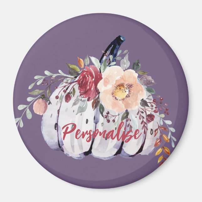 Imán Calabaza púrpura de otoño acuarela floral gris (Frente)