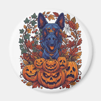 Imán Calabazas de Halloween Pitbull Azul Hojas de Otoño