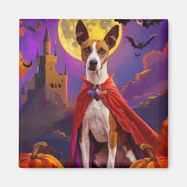 Imán Calabazas de perro Basenji de Halloween espeluznan (Frente)