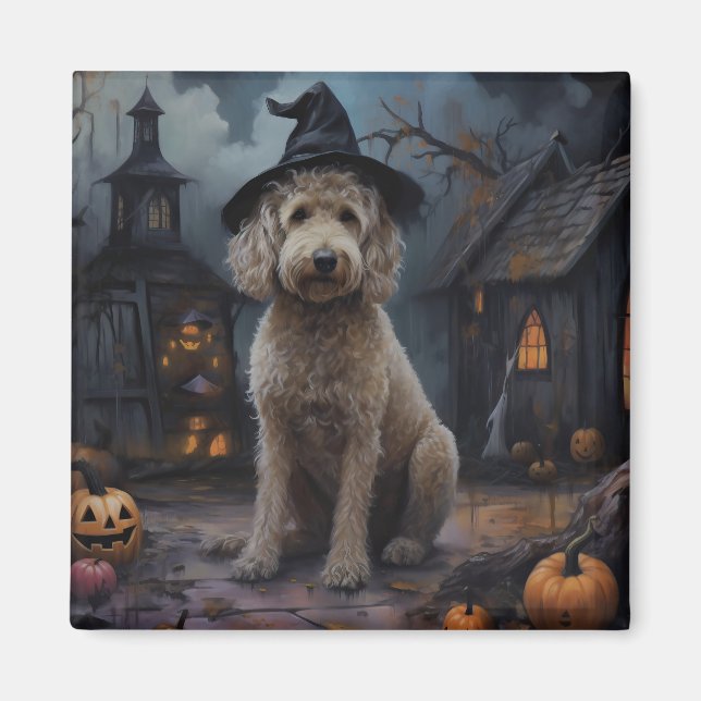 Imán Calabazas Goldendoodle Halloween Espeluznante (Frente)
