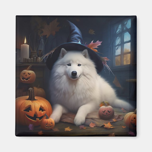 Imán Calabazas Samoyedo Halloween Asustadizas (Frente)