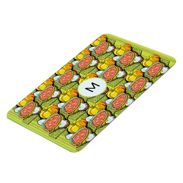 Imán Calabazas, sopa y monograma de fondo a rayas (Lado Izquierdo)