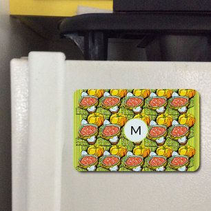 Imán Calabazas, sopa y monograma de fondo a rayas