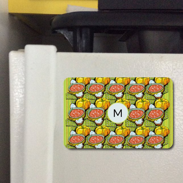 Imán Calabazas, sopa y monograma de fondo a rayas (Pumpkins Soup & Striped Pattern Monogram Flexible Magnet)
