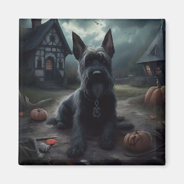 Imán Calabazas Terrier Escocés de Halloween (Frente)