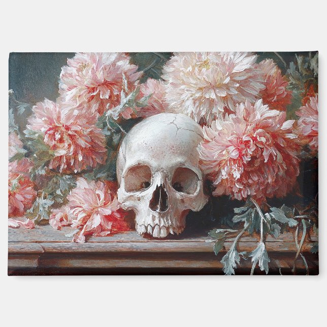 Imán Calavera antigua y flores rosadas (Anverso)