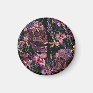 Imán Calavera bordada: Patrón de orquídeas góticas