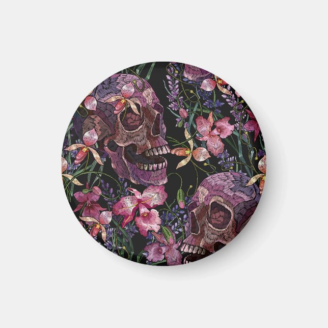 Imán Calavera bordada: Patrón de orquídeas góticas (Frente)