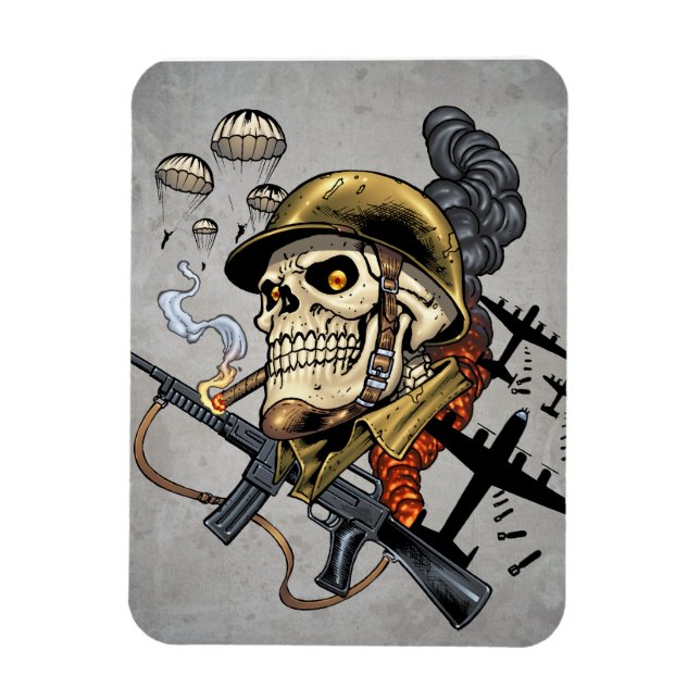 Imán Calavera con casco, aviones y bombas (Vertical)