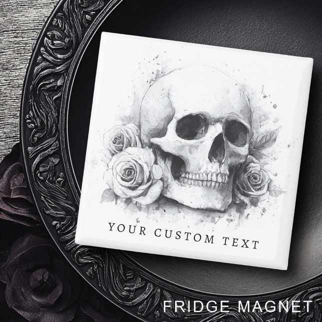 Imán Calavera con pintura acuarela de rosas (Skull with roses watercolor painting magnet)