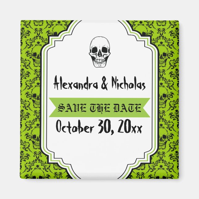Imán Calavera damasco verde, boda negra Salven la fecha (Frente)