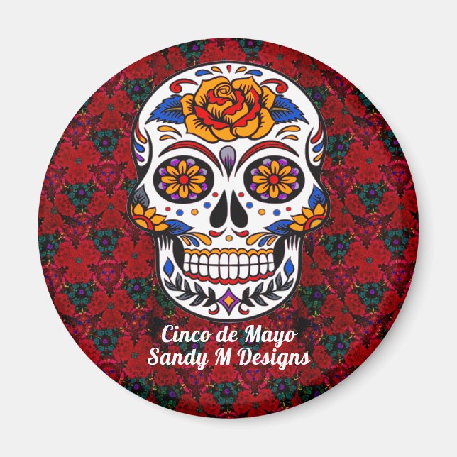 Imán Calavera de azúcar Cinco de Mayo Floral Roja (Frente)