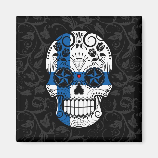 Imán Calavera de azúcar con bandera finlandesa con Rosa (Frente)