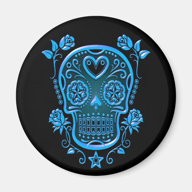 Imán Calavera de azúcar con Rosas, azul (Frente)