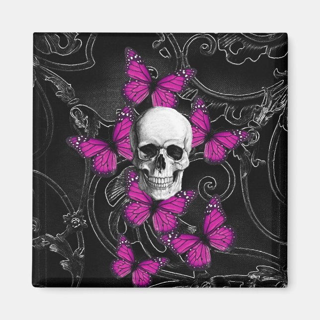 Imán Calavera de fantasía y mariposas rosadas calientes (Frente)
