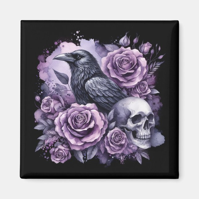 Imán Calavera de Rosas púrpura de Raven Gótico (Frente)