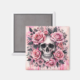 Imán Calavera gótica y rosas rosadas acuarela arte
