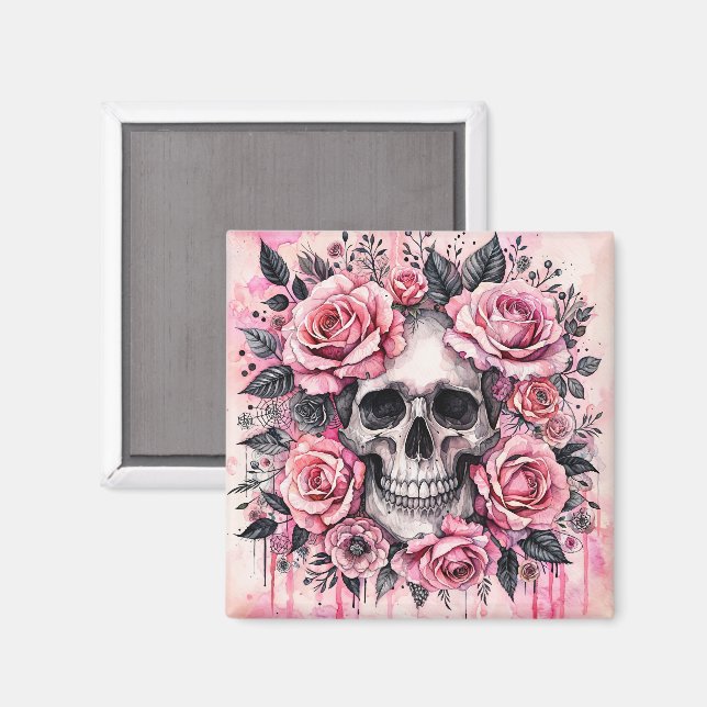 Imán Calavera gótica y rosas rosadas acuarela arte (Anverso/Reverso)