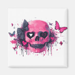 Imán Calavera rosa con mariposas y corazones