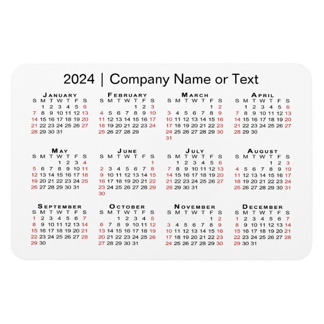 Imán Calendario 2024 con texto Personalizado Blanco roj (Horizontal)