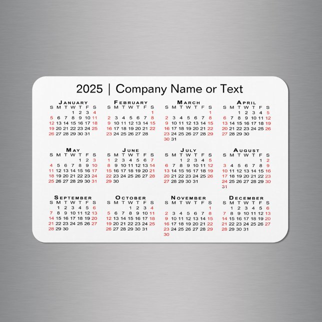 Imán Calendario 2025 con texto Personalizado Blanco roj (2025 Calendar with Custom Text Black Red White Magnet in situ)