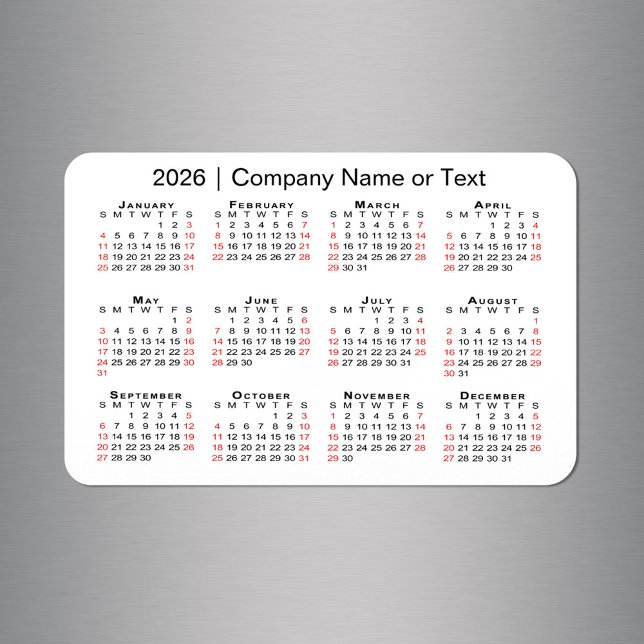 Imán Calendario 2026 con texto Personalizado Blanco roj (2026 Calendar with Custom Text Black Red White Magnet in situ)