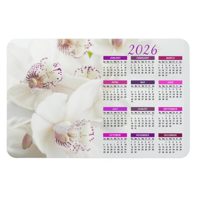 Imán Calendario 2026 Orquídeas Blancas y Moradas Elegan (Horizontal)