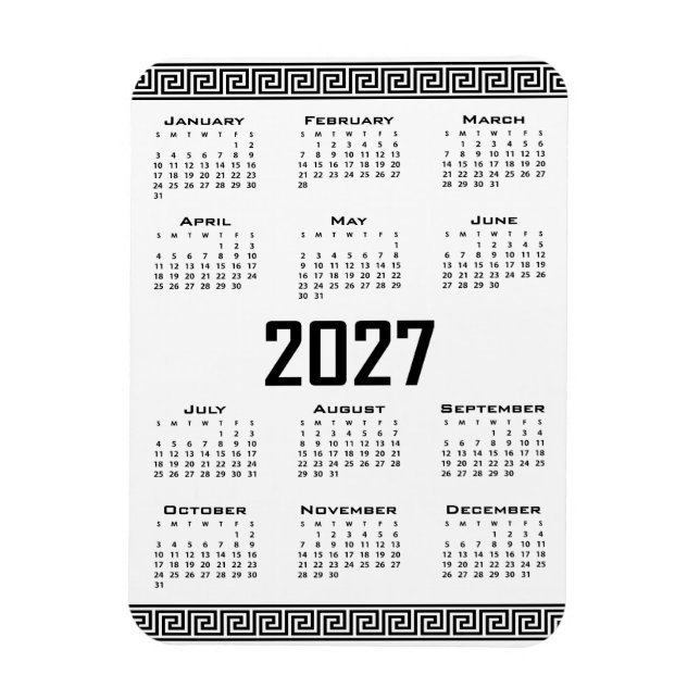 Imán Calendario 2027, Falso Griego, Negro sobre Blanco (Vertical)
