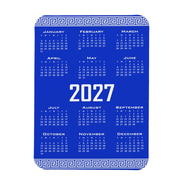 Imán Calendario 2027, Fret griego, Blanco sobre azul gr (Vertical)